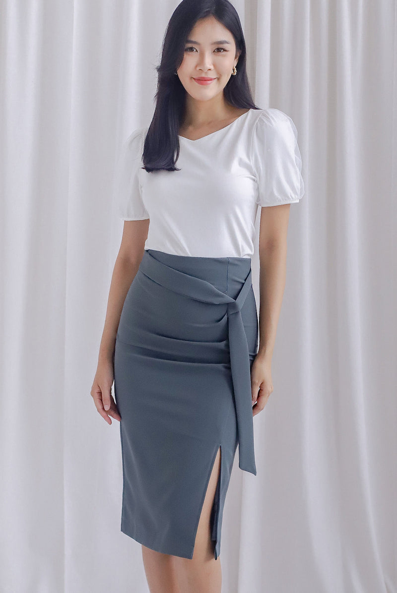 Luna Ruched Slit Pencil Skirt In Grey