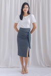 Luna Ruched Slit Pencil Skirt In Grey