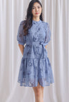 Lyndie Chiffon Sheer Sleeve Tiered Button Dress In Blue