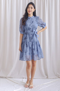 Lyndie Chiffon Sheer Sleeve Tiered Button Dress In Blue