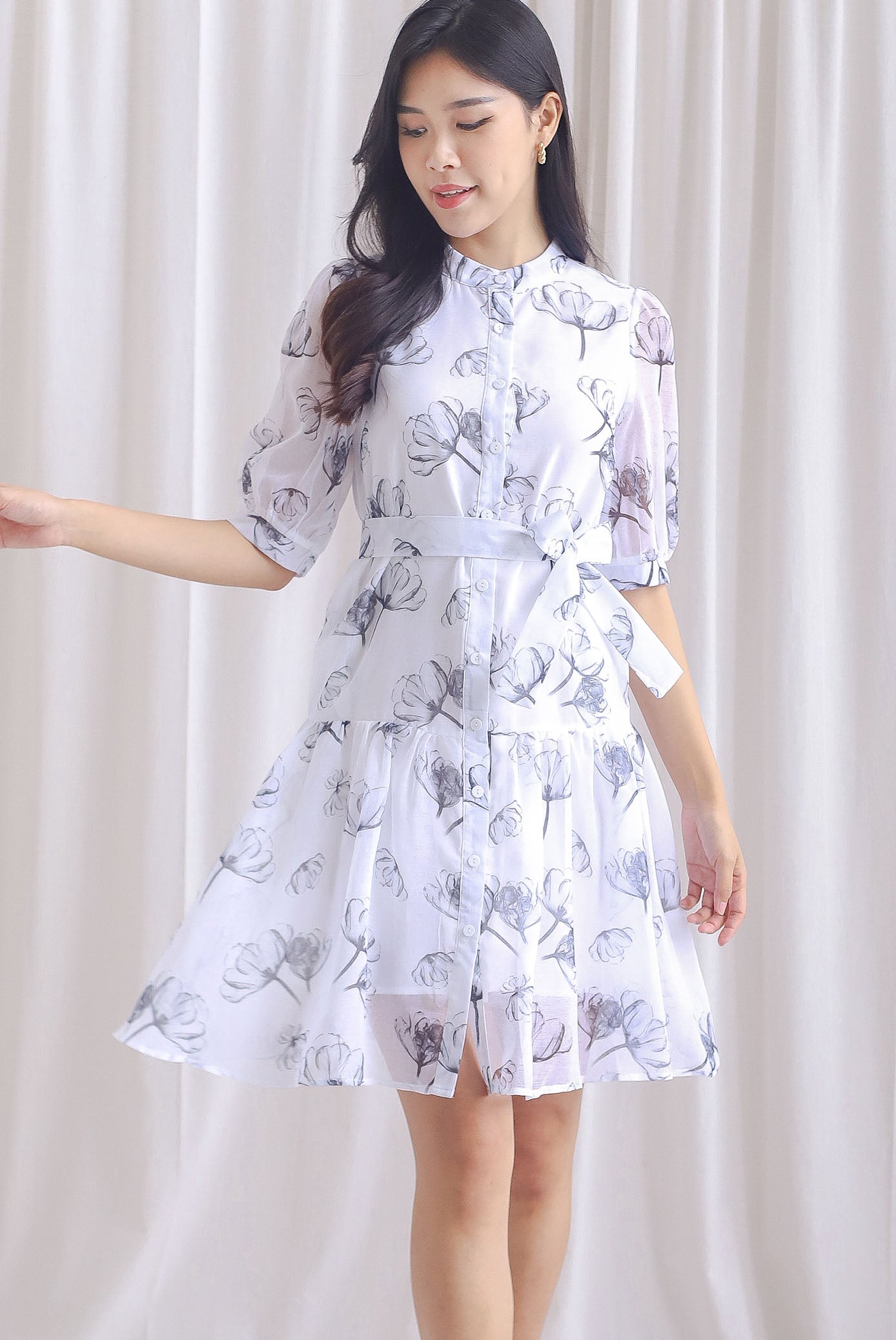 Lyndie Chiffon Sheer Sleeve Tiered Button Dress In White