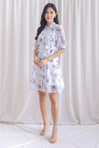Lyndie Chiffon Sheer Sleeve Tiered Button Dress In White