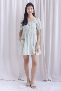 Lynn Floral Texture Tie Puffy Romper Dress In Green