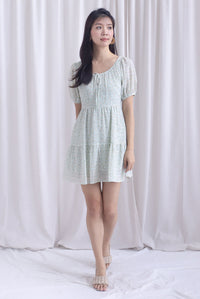 Lynn Floral Texture Tie Puffy Romper Dress In Green