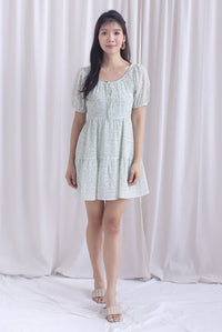 Lynn Floral Texture Tie Puffy Romper Dress In Green