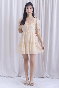 Lynn Floral Texture Tie Puffy Romper Dress In Pale Orange