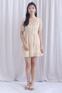 Lynn Floral Texture Tie Puffy Romper Dress In Pale Orange