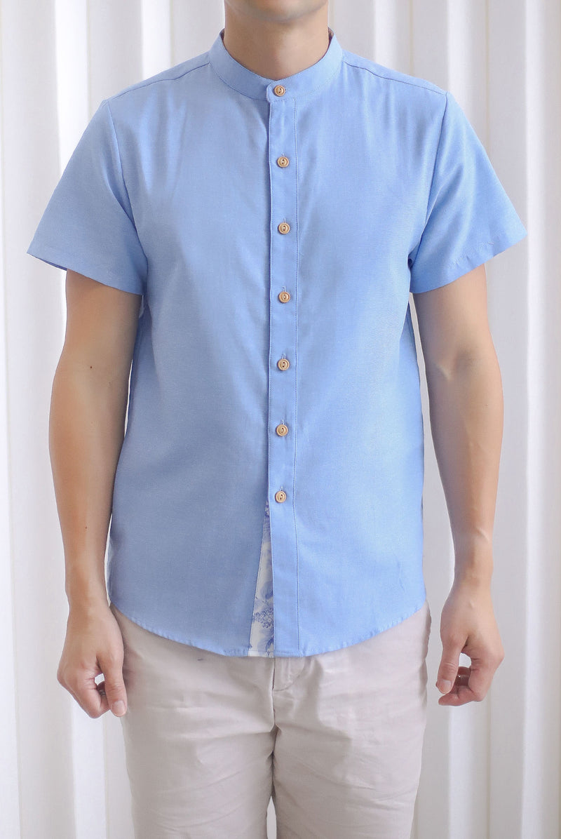 TDC Pierce Men Mandarin Collar Shirt In Blue