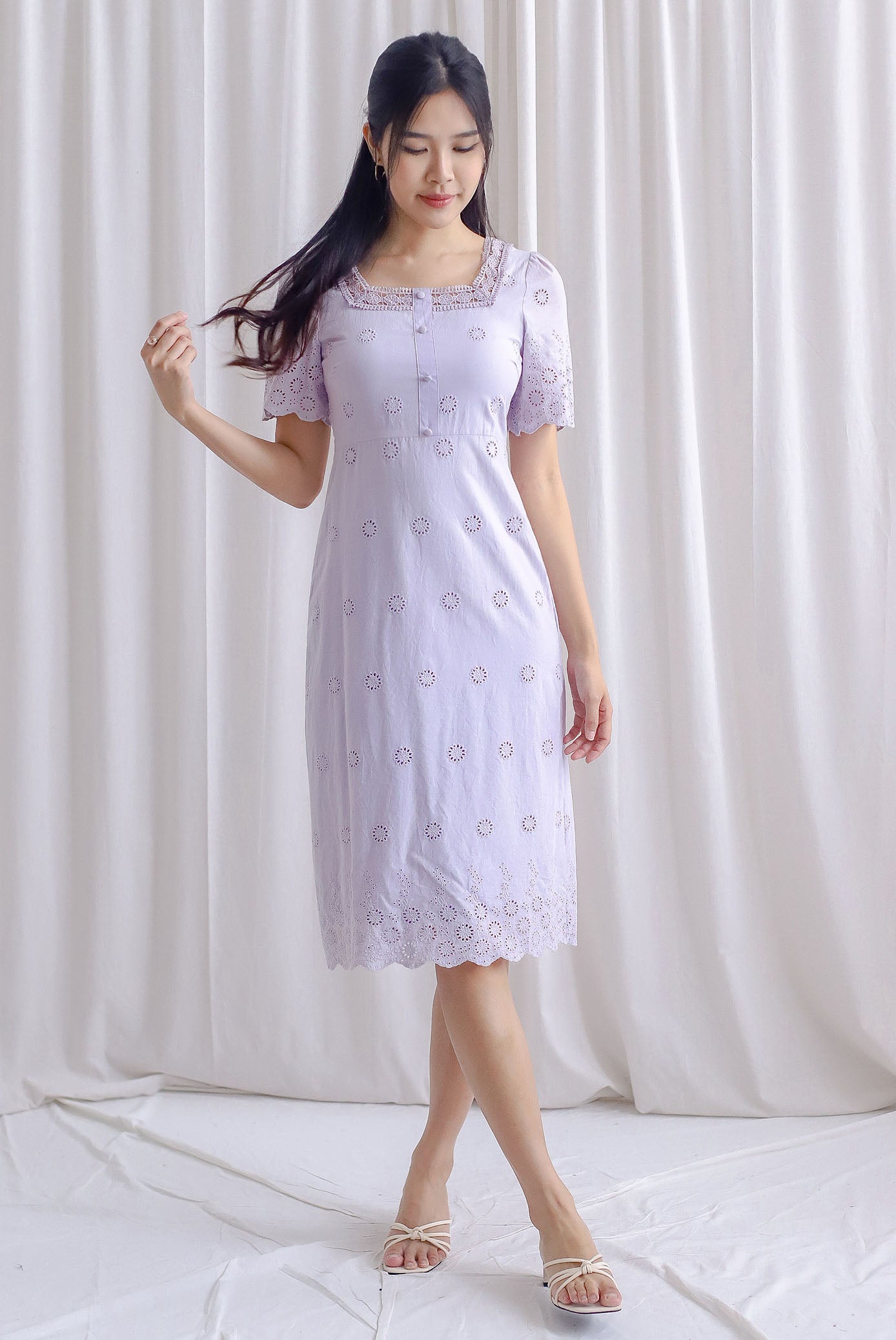 Mabelle Eyelet Square Neck Sleeve Dress In Lilac