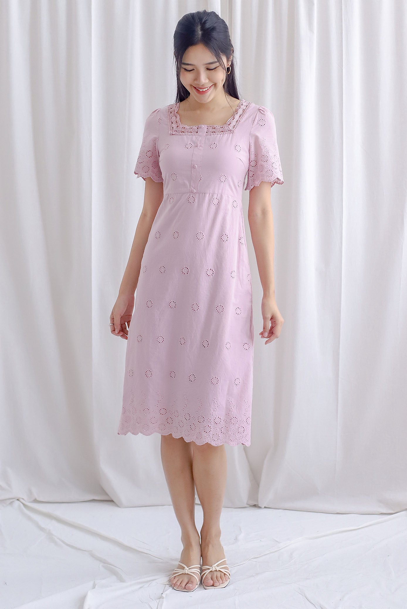 Mabelle Eyelet Square Neck Sleeve Dress In Pink