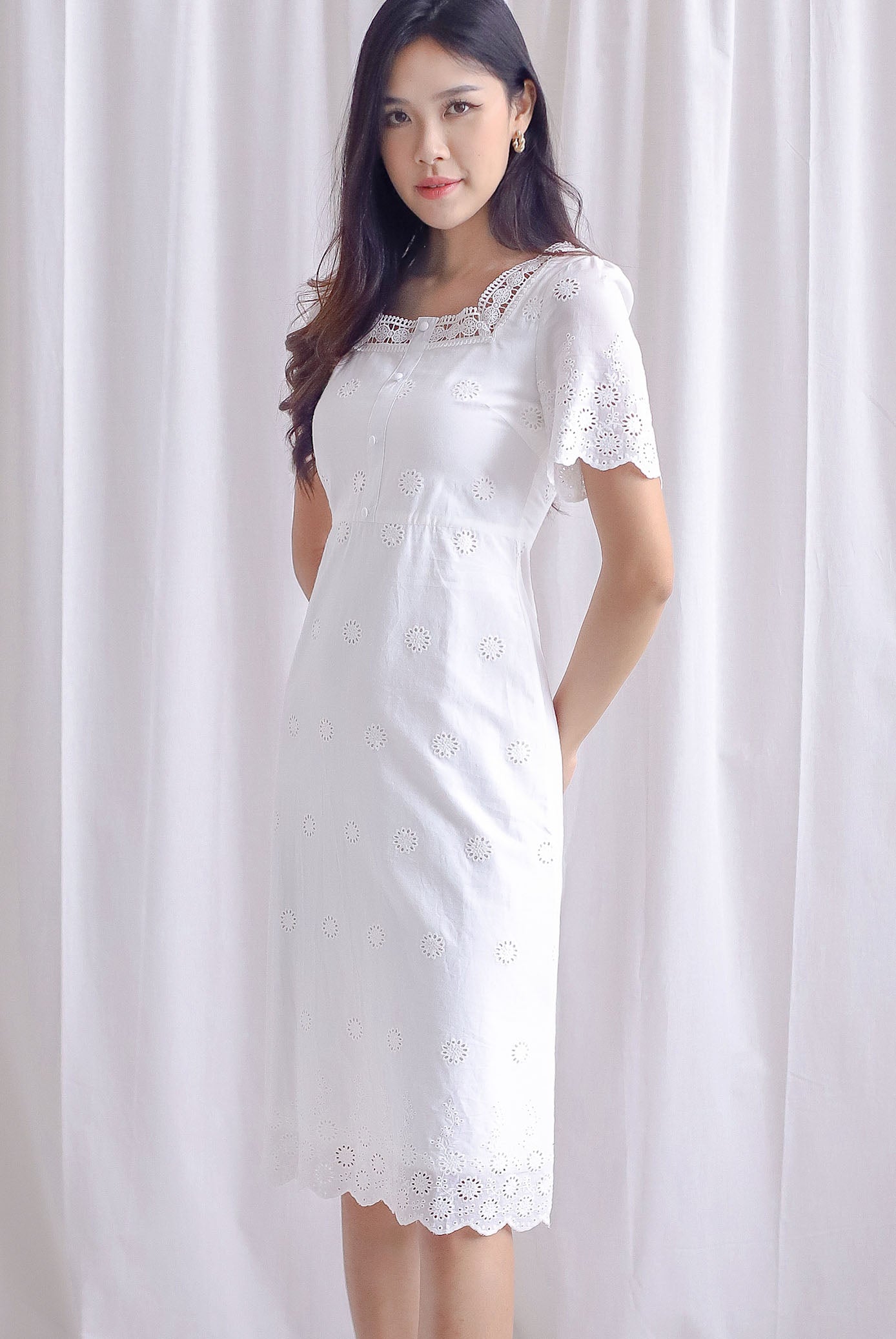 Mabelle Eyelet Square Neck Sleeve Dress In White