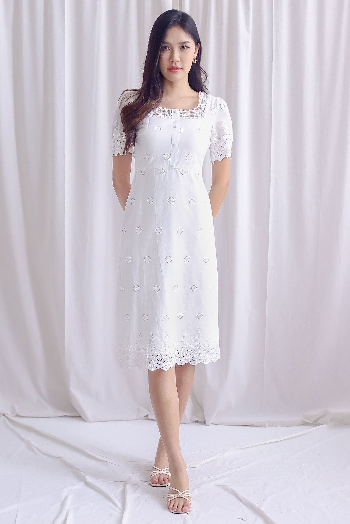 Mabelle Eyelet Square Neck Sleeve Dress In White