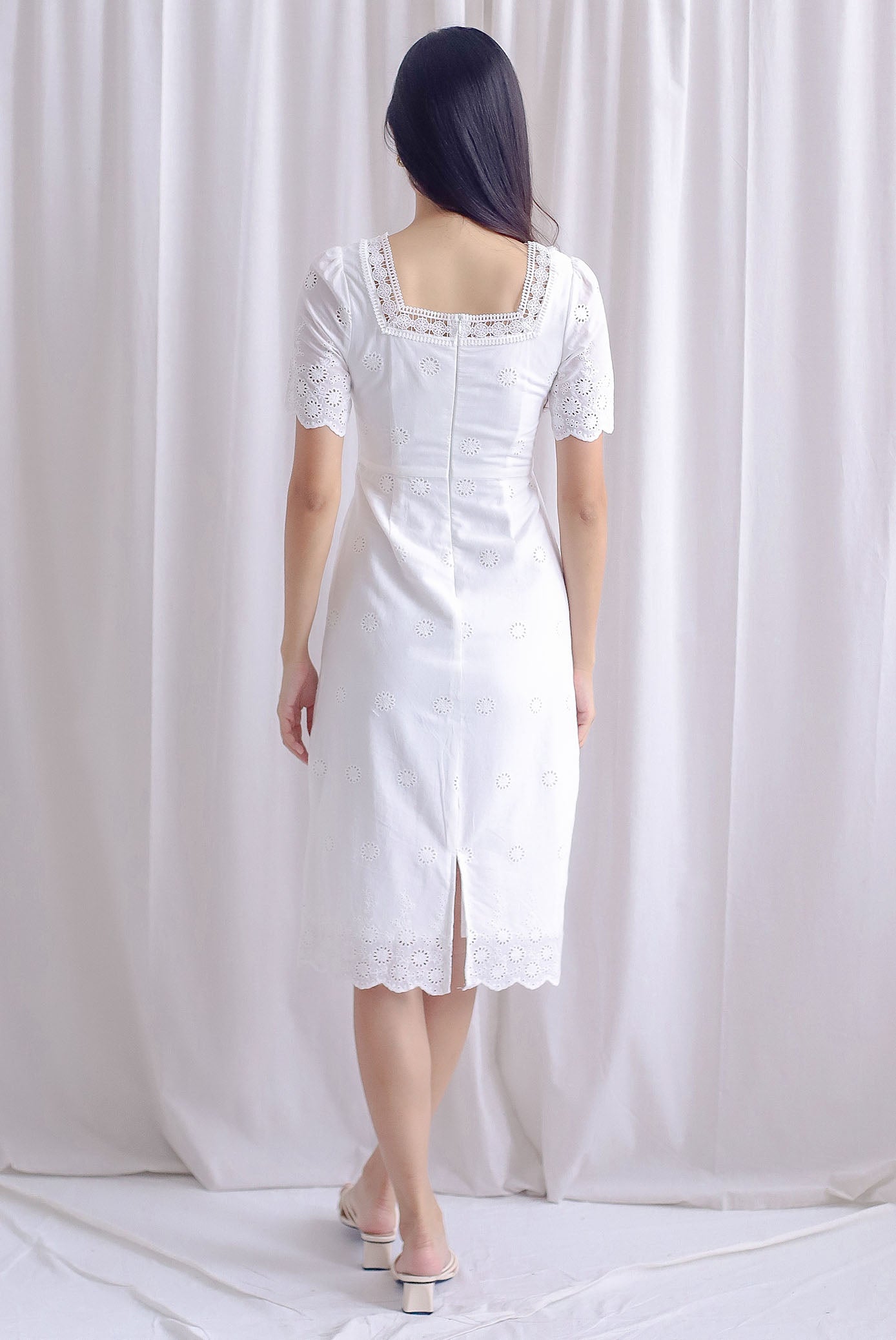 Mabelle Eyelet Square Neck Sleeve Dress In White