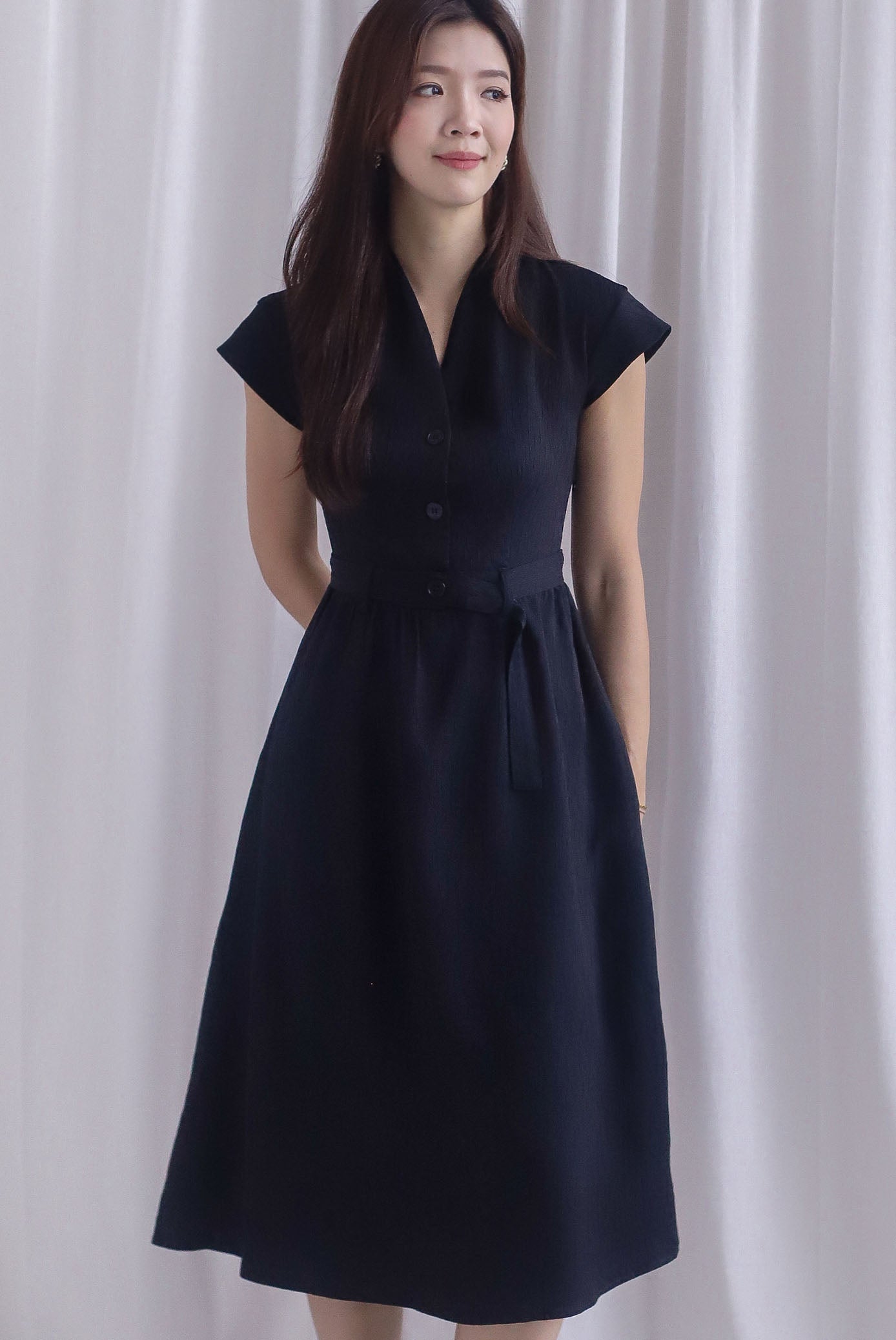 Madelyn Buttons Textured Dress In Black