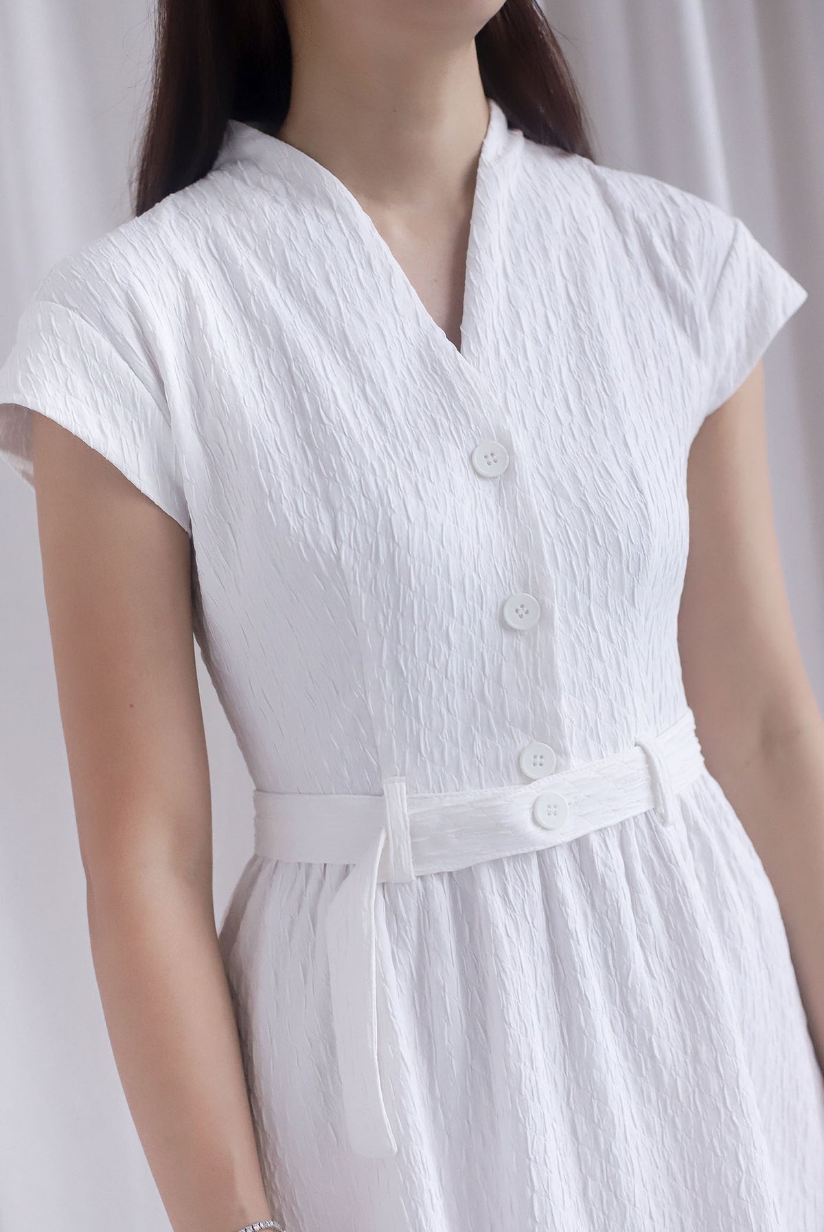 Madelyn Buttons Textured Dress In White