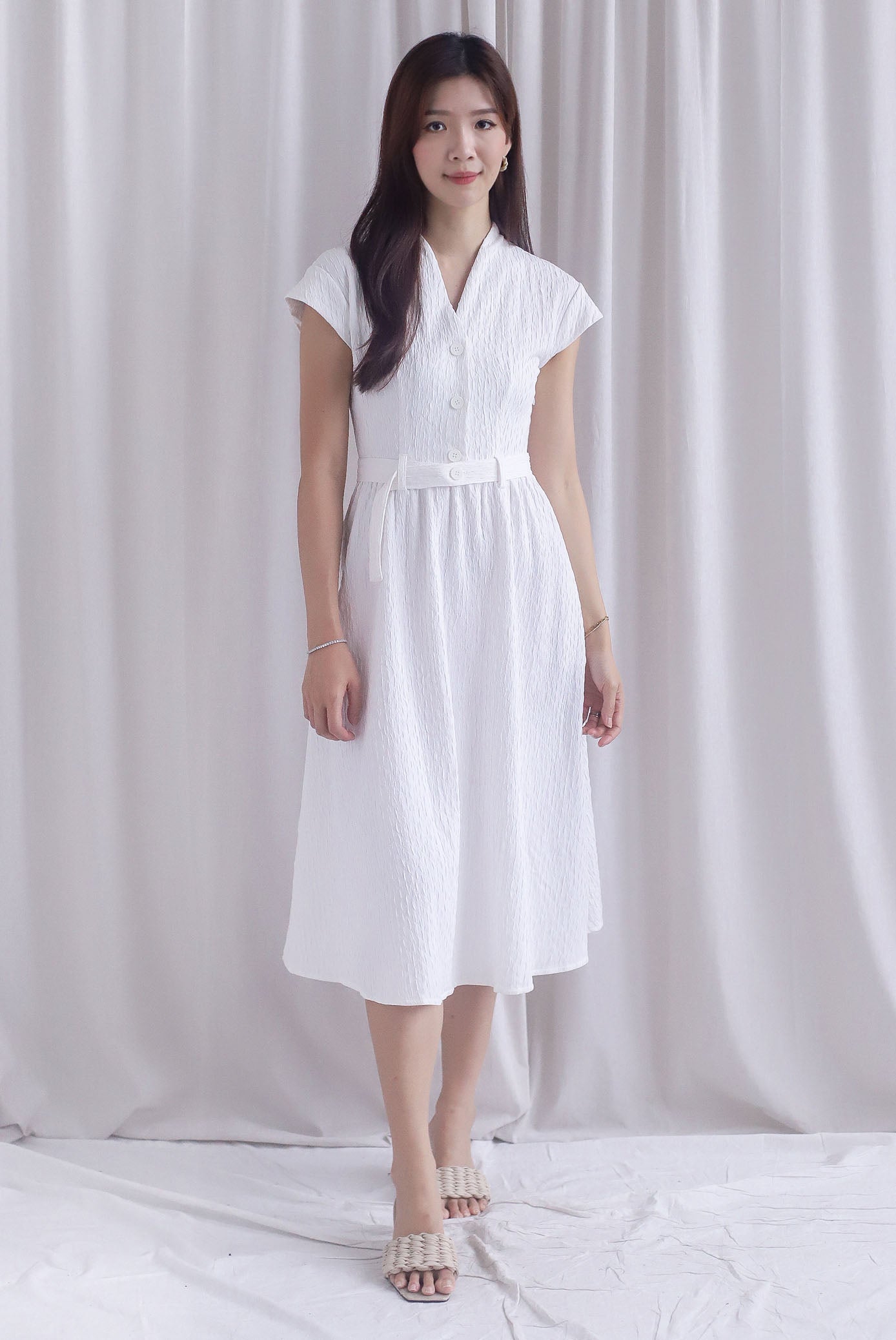 Madelyn Buttons Textured Dress In White
