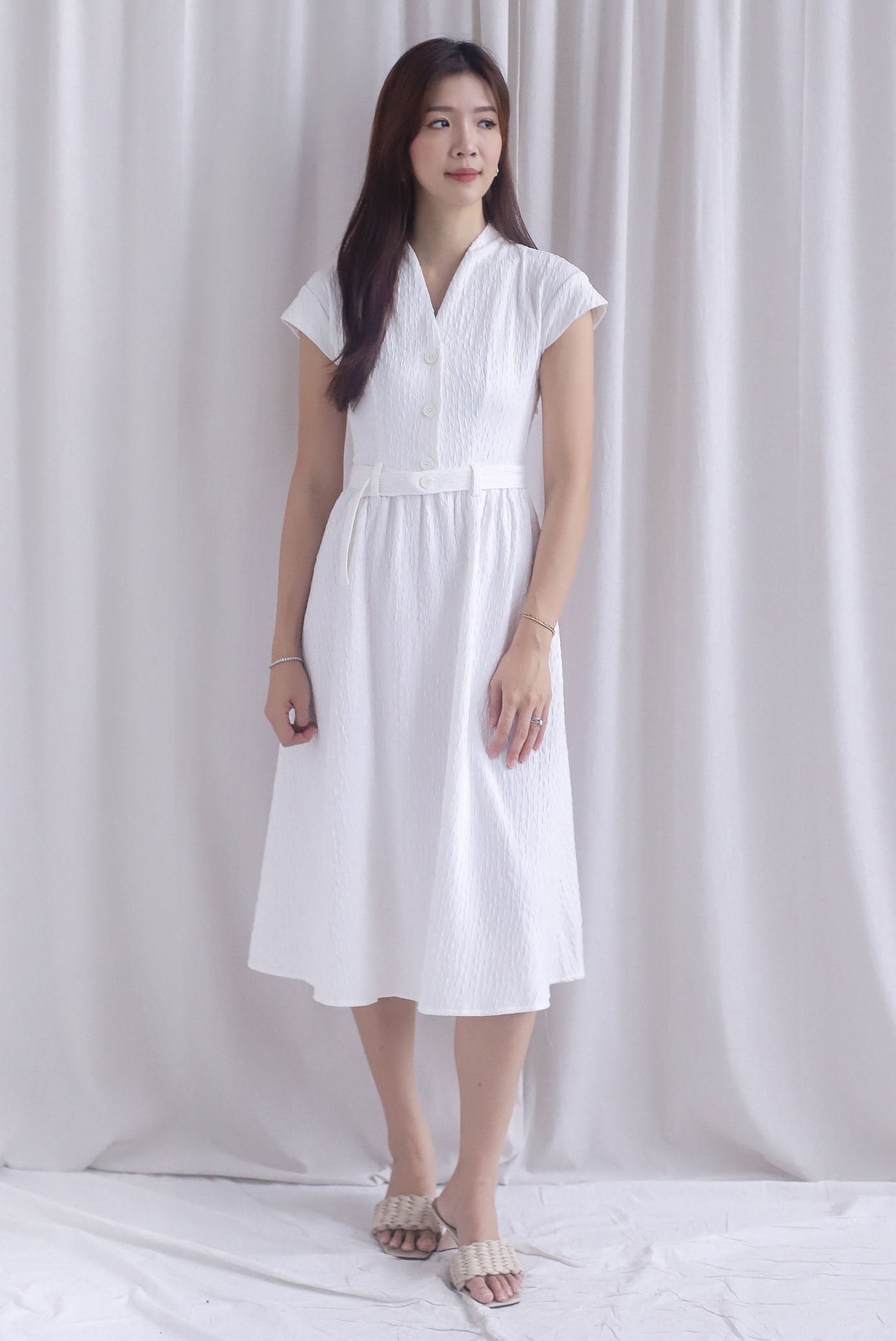 Madelyn Buttons Textured Dress In White