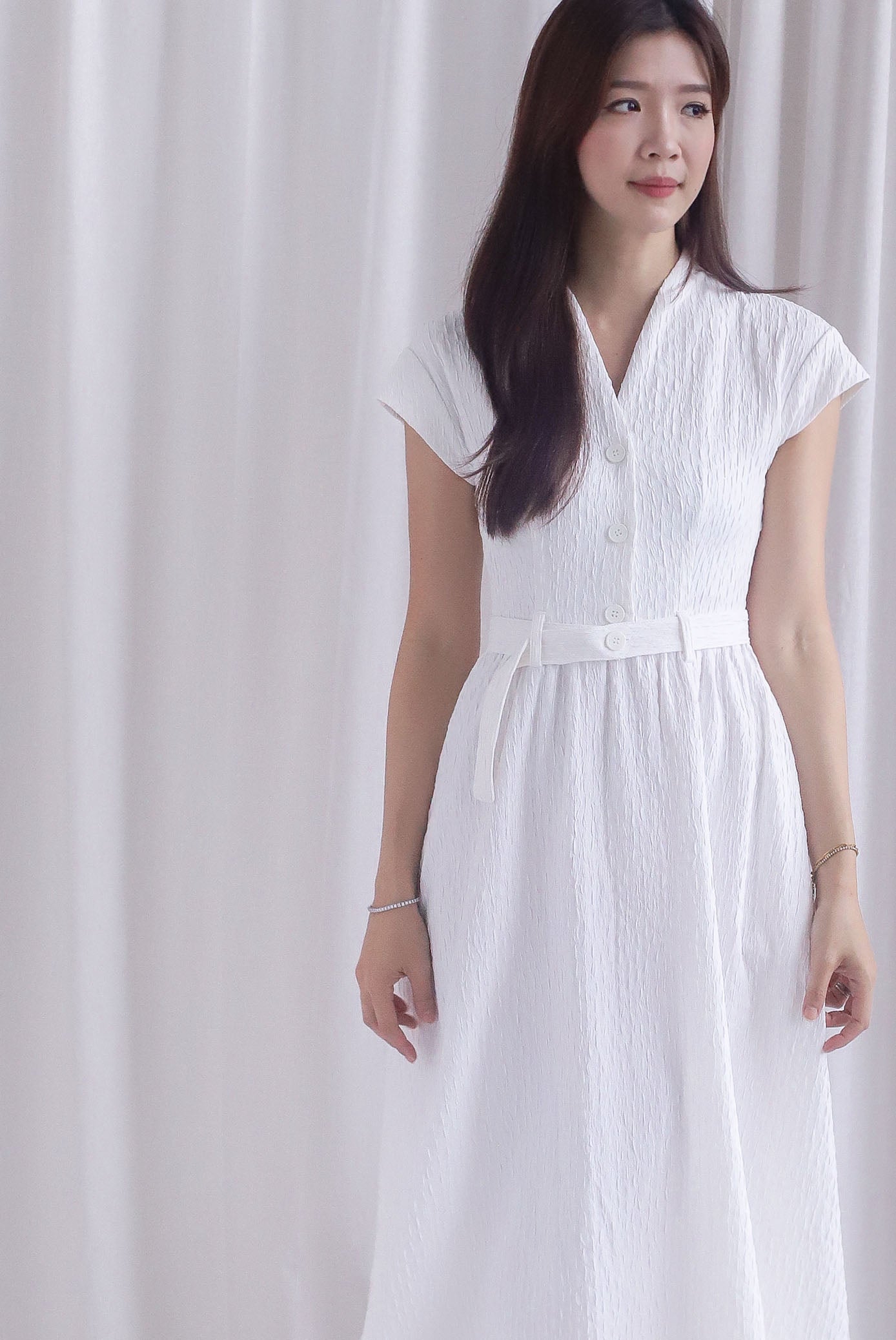 Madelyn Buttons Textured Dress In White