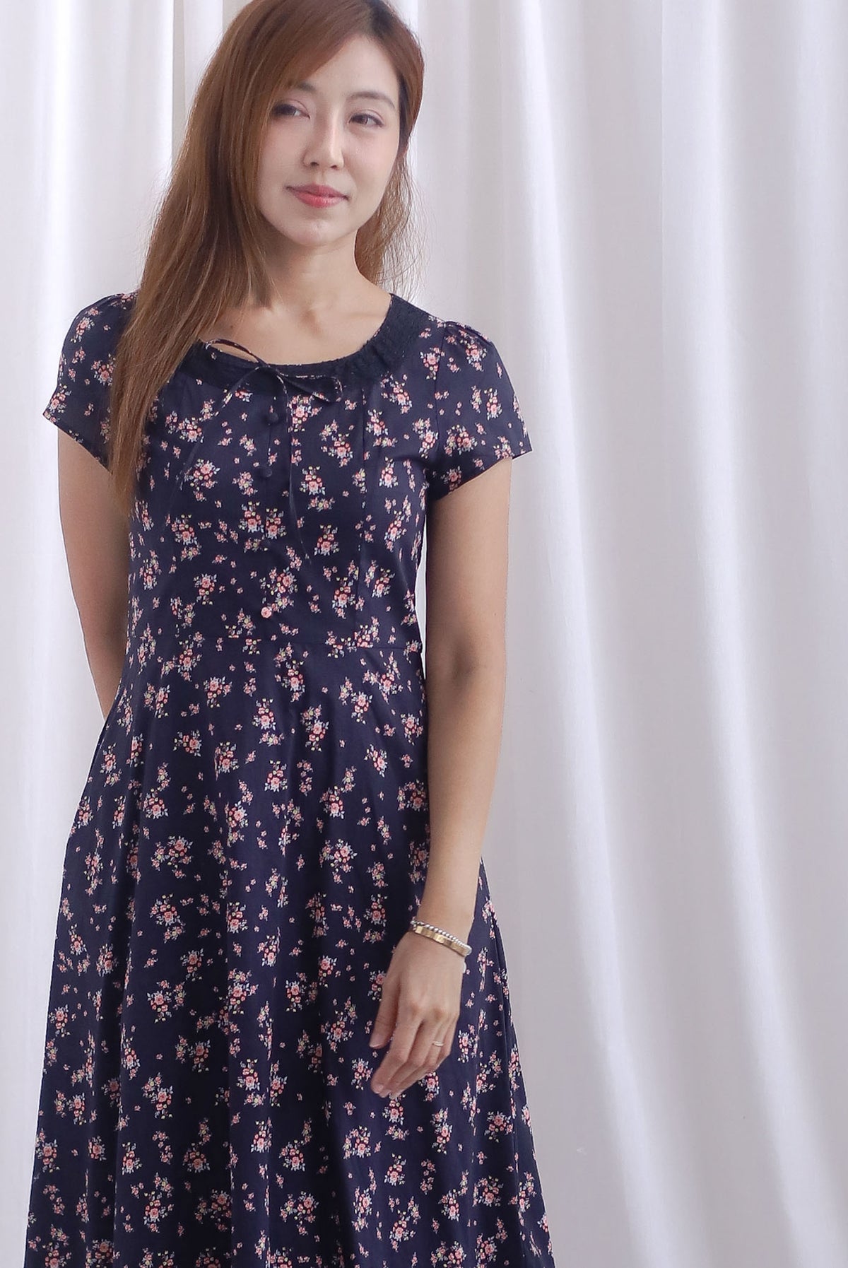 Makenzie Crochet Lattice Linen Floral Dress In Black