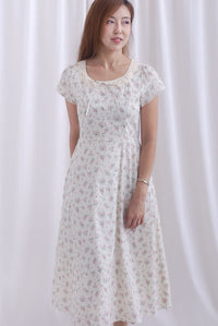 Makenzie Crochet Lattice Linen Floral Dress In Cream