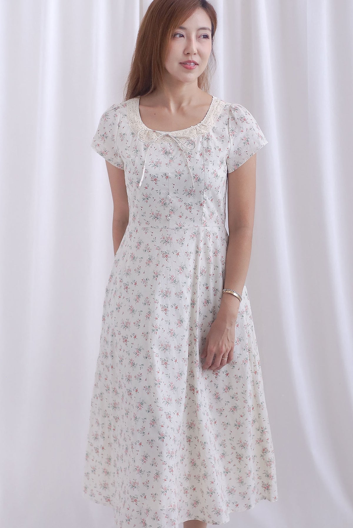 Makenzie Crochet Lattice Linen Floral Dress In Cream