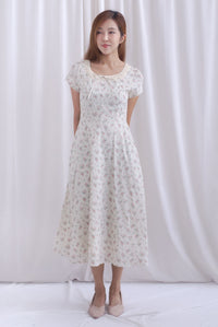 Makenzie Crochet Lattice Linen Floral Dress In Cream