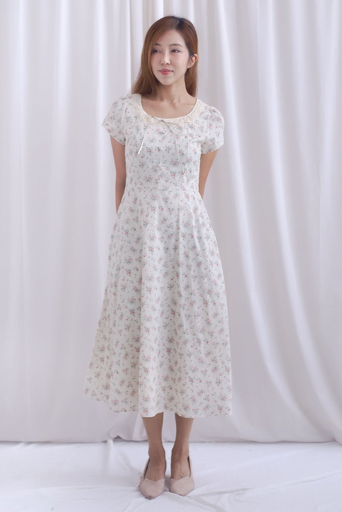 Makenzie Crochet Lattice Linen Floral Dress In Cream