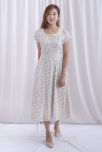 Makenzie Crochet Lattice Linen Floral Dress In Cream