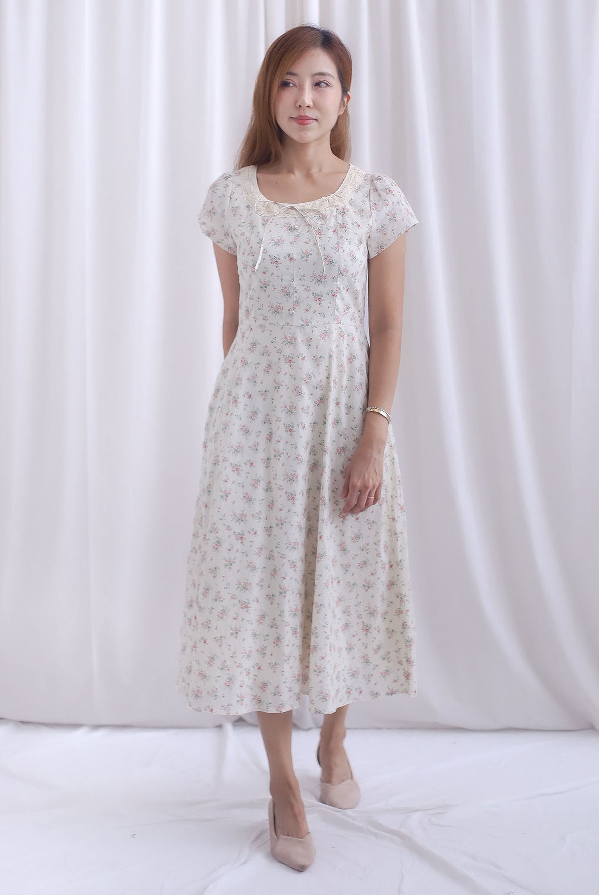 Makenzie Crochet Lattice Linen Floral Dress In Cream