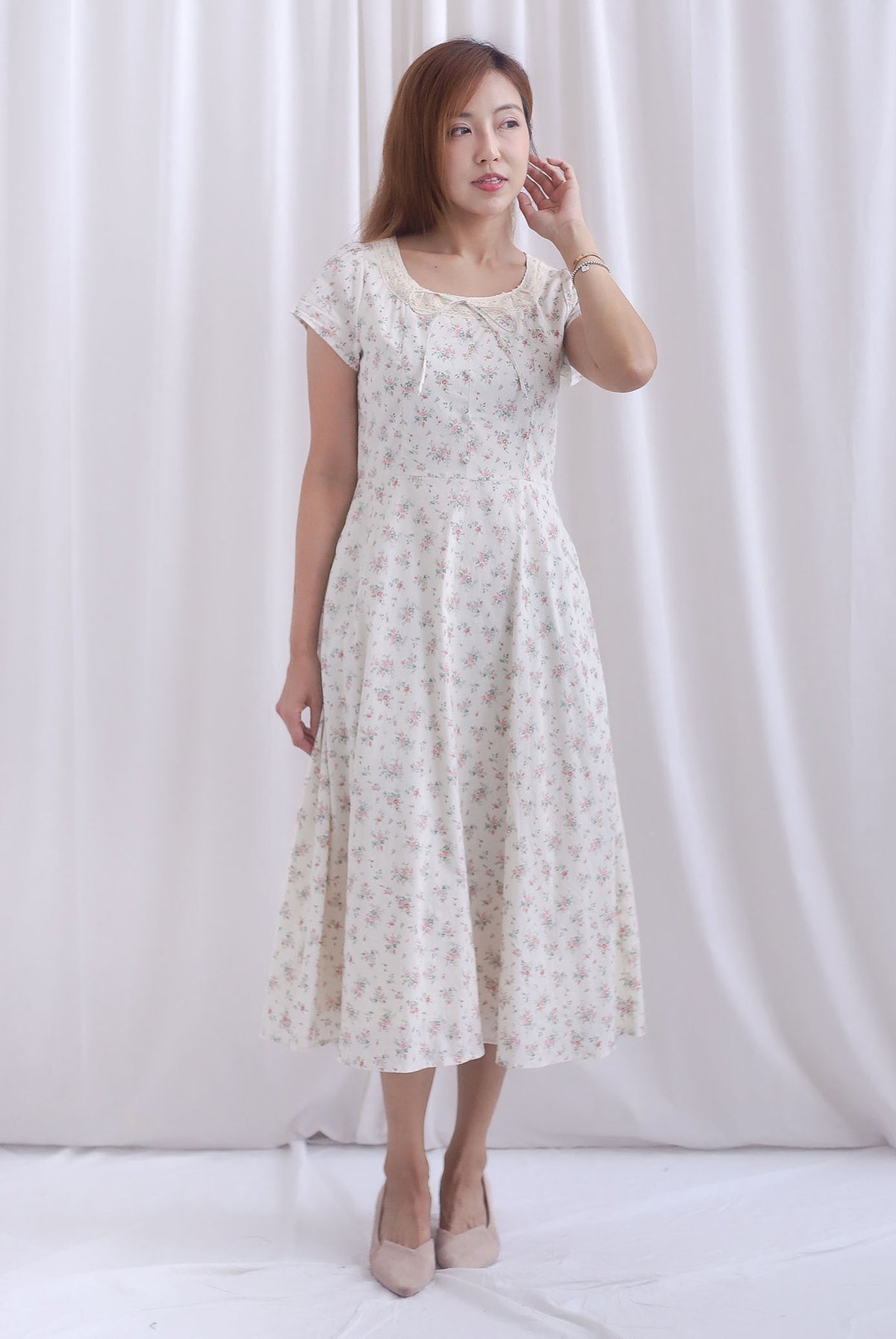 Makenzie Crochet Lattice Linen Floral Dress In Cream