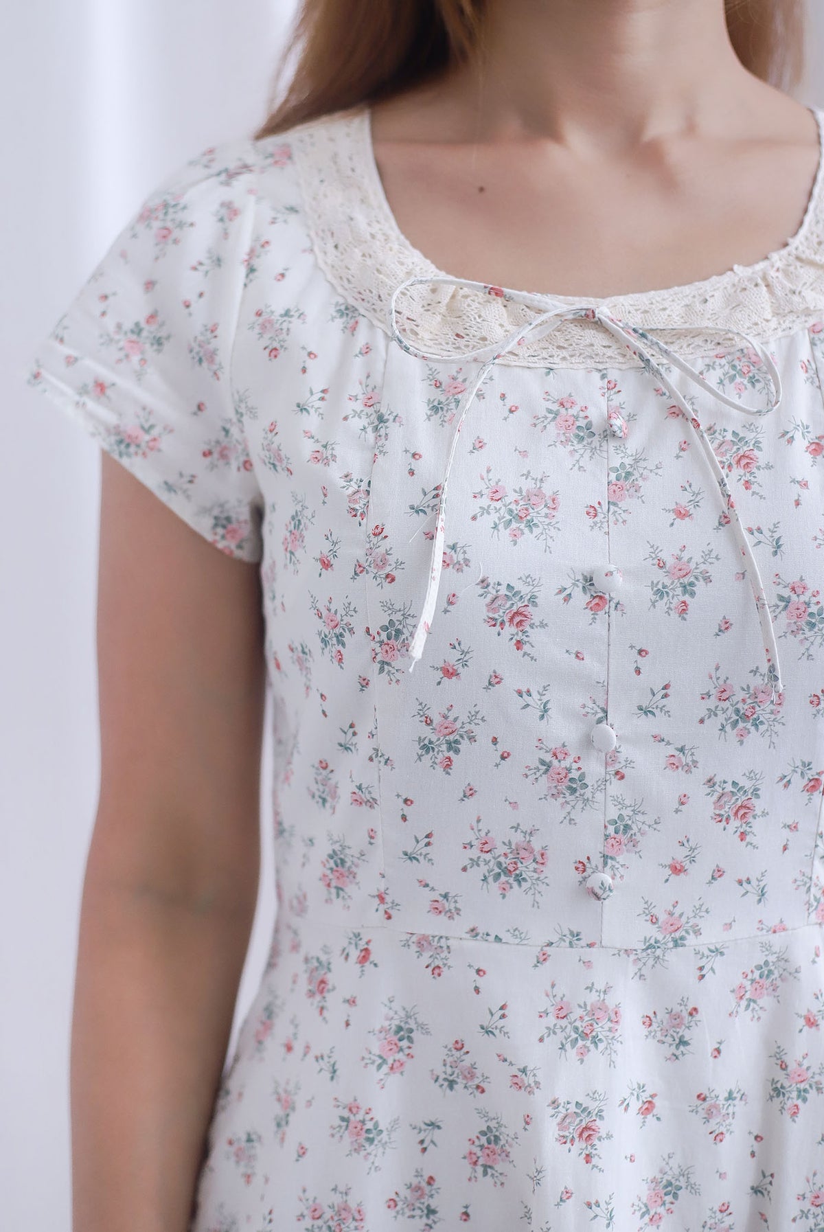 Makenzie Crochet Lattice Linen Floral Dress In Cream