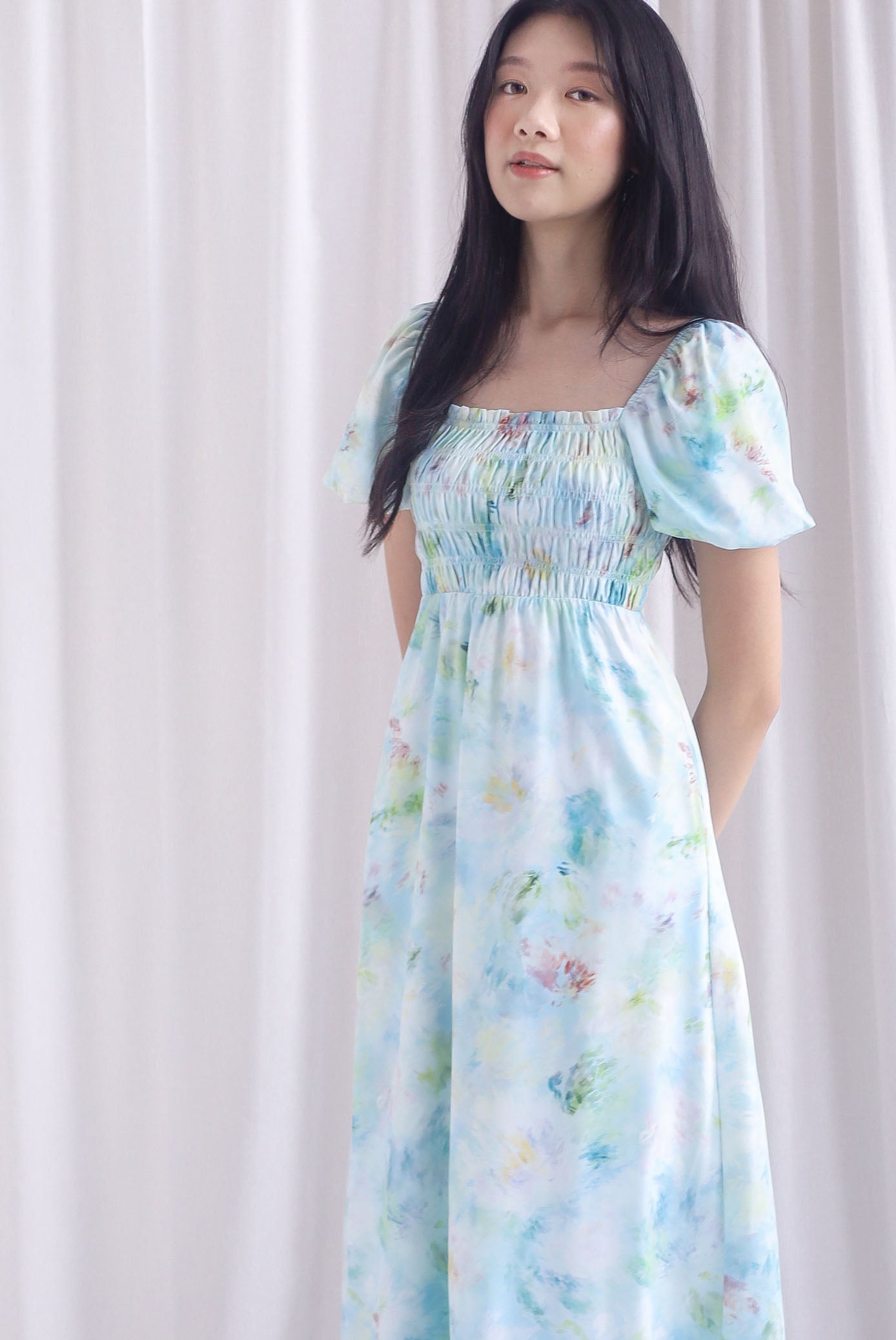 Marcia Watercolour Floral Puffy Sleeves Smocked Maxi Dress In Blue