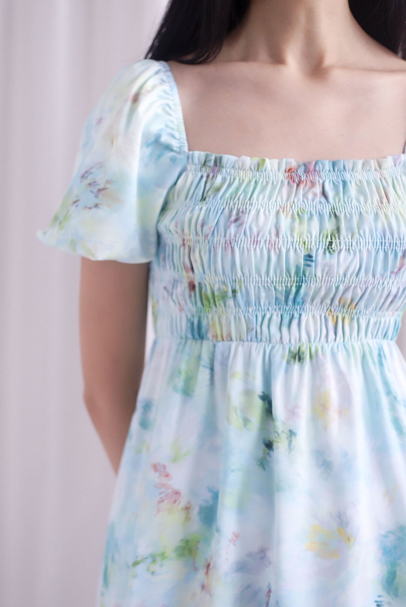 Marcia Watercolour Floral Puffy Sleeves Smocked Maxi Dress In Blue