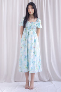 Marcia Watercolour Floral Puffy Sleeves Smocked Maxi Dress In Blue