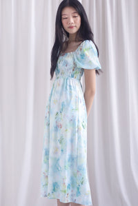 Marcia Watercolour Floral Puffy Sleeves Smocked Maxi Dress In Blue