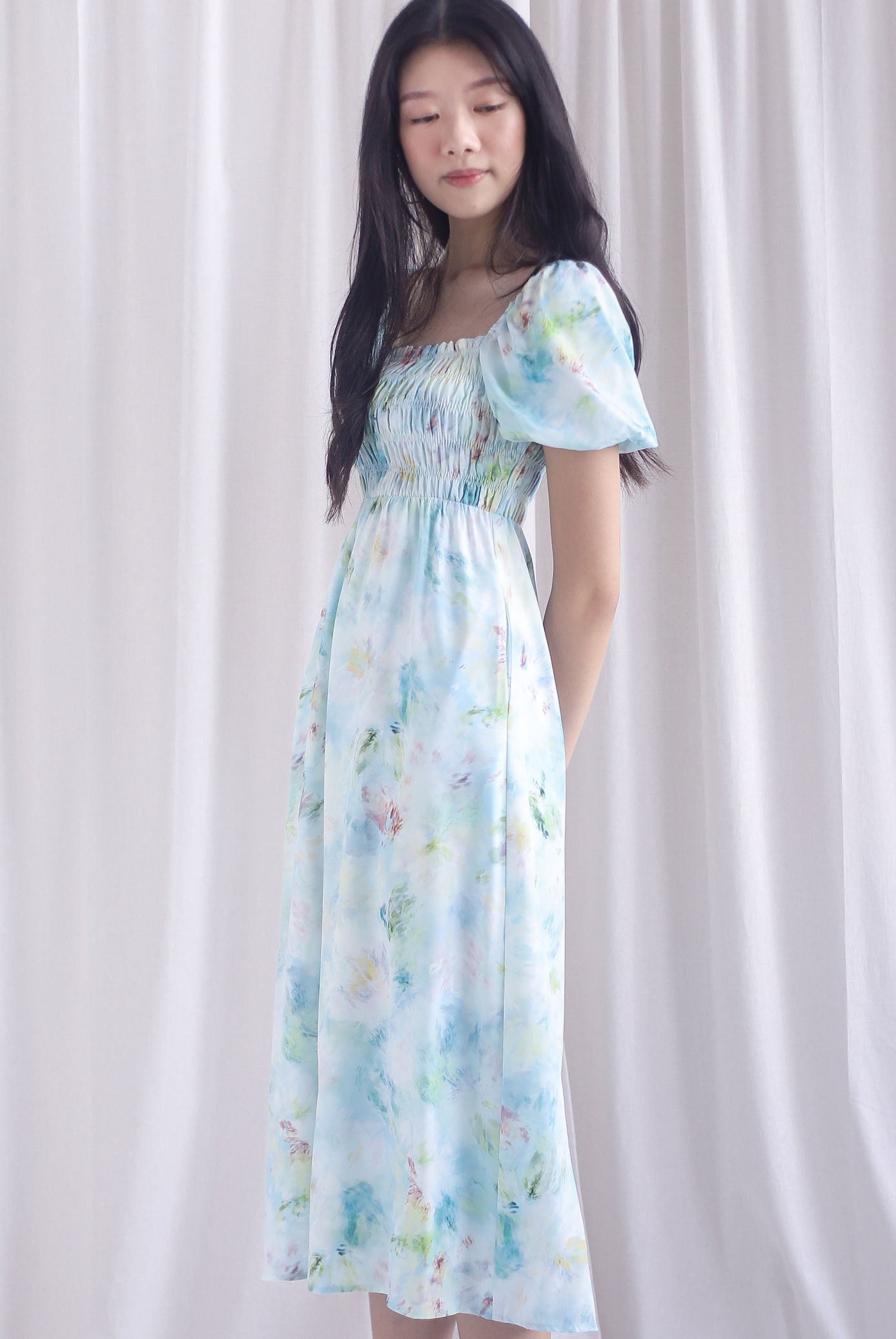 Marcia Watercolour Floral Puffy Sleeves Smocked Maxi Dress In Blue