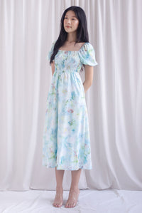 Marcia Watercolour Floral Puffy Sleeves Smocked Maxi Dress In Blue