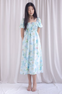 Marcia Watercolour Floral Puffy Sleeves Smocked Maxi Dress In Blue
