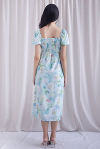 Marcia Watercolour Floral Puffy Sleeves Smocked Maxi Dress In Blue