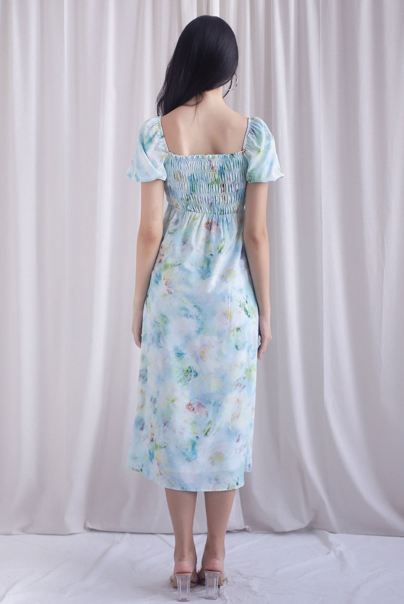 Marcia Watercolour Floral Puffy Sleeves Smocked Maxi Dress In Blue