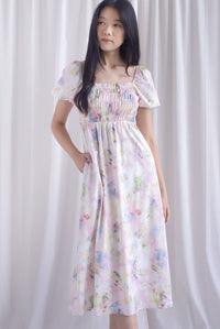 Marcia Watercolour Floral Puffy Sleeves Smocked Maxi Dress In Pink