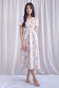 Marcia Watercolour Floral Puffy Sleeves Smocked Maxi Dress In Pink