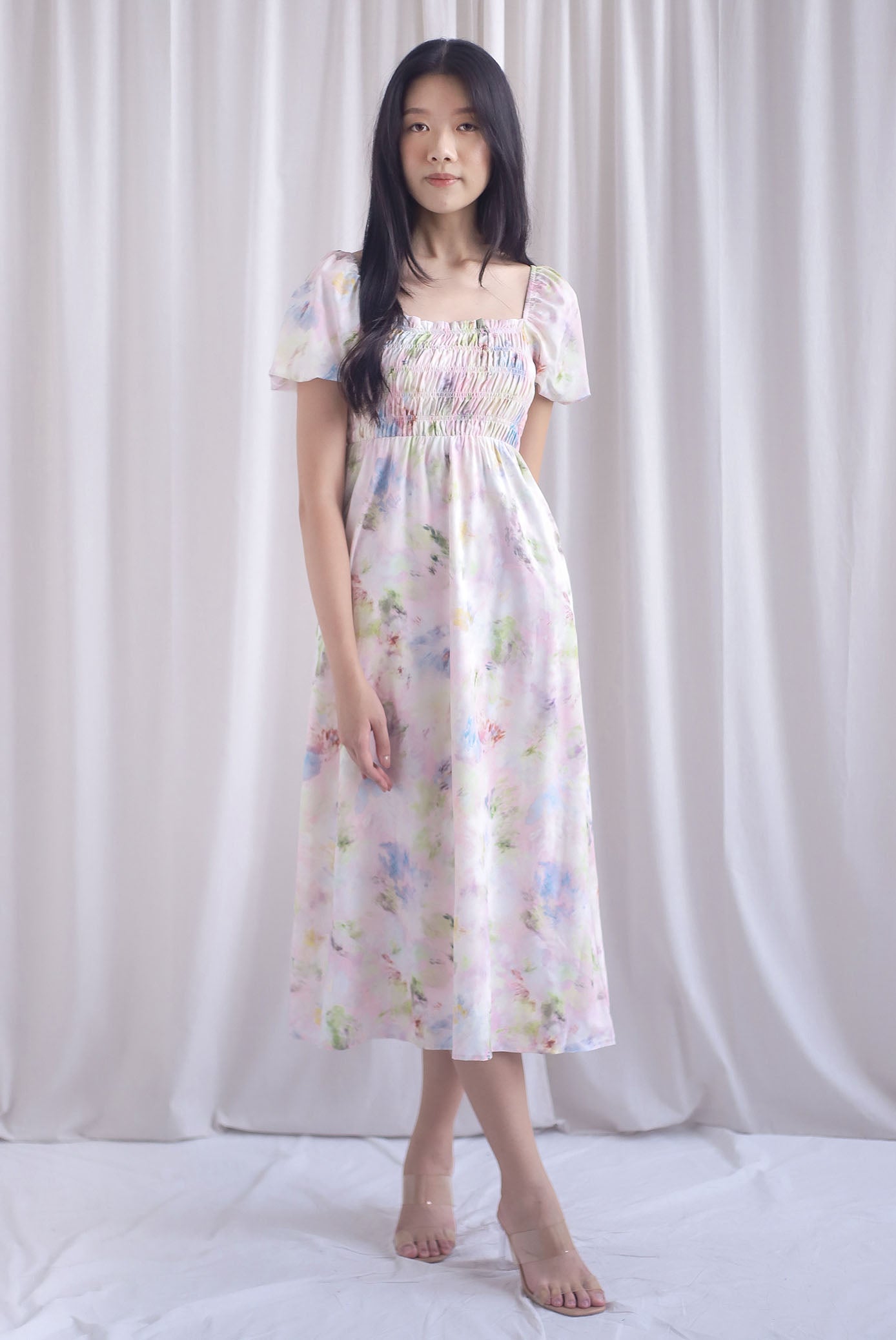 Marcia Watercolour Floral Puffy Sleeves Smocked Maxi Dress In Pink