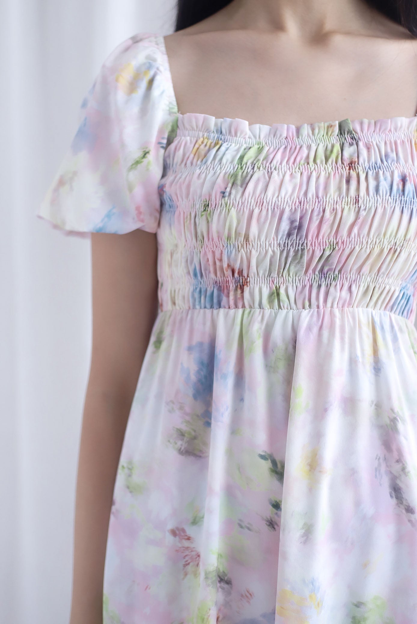 Marcia Watercolour Floral Puffy Sleeves Smocked Maxi Dress In Pink