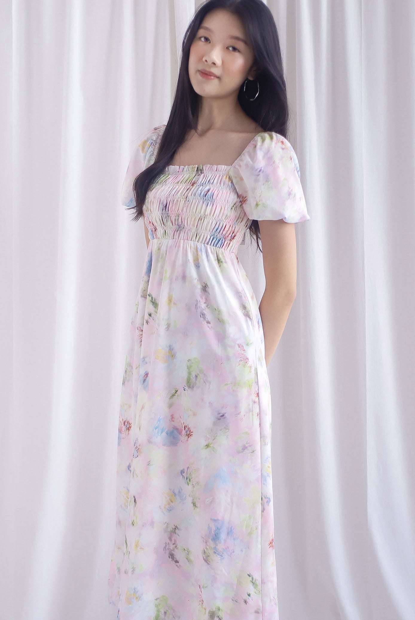Marcia Watercolour Floral Puffy Sleeves Smocked Maxi Dress In Pink