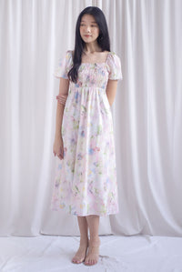 Marcia Watercolour Floral Puffy Sleeves Smocked Maxi Dress In Pink
