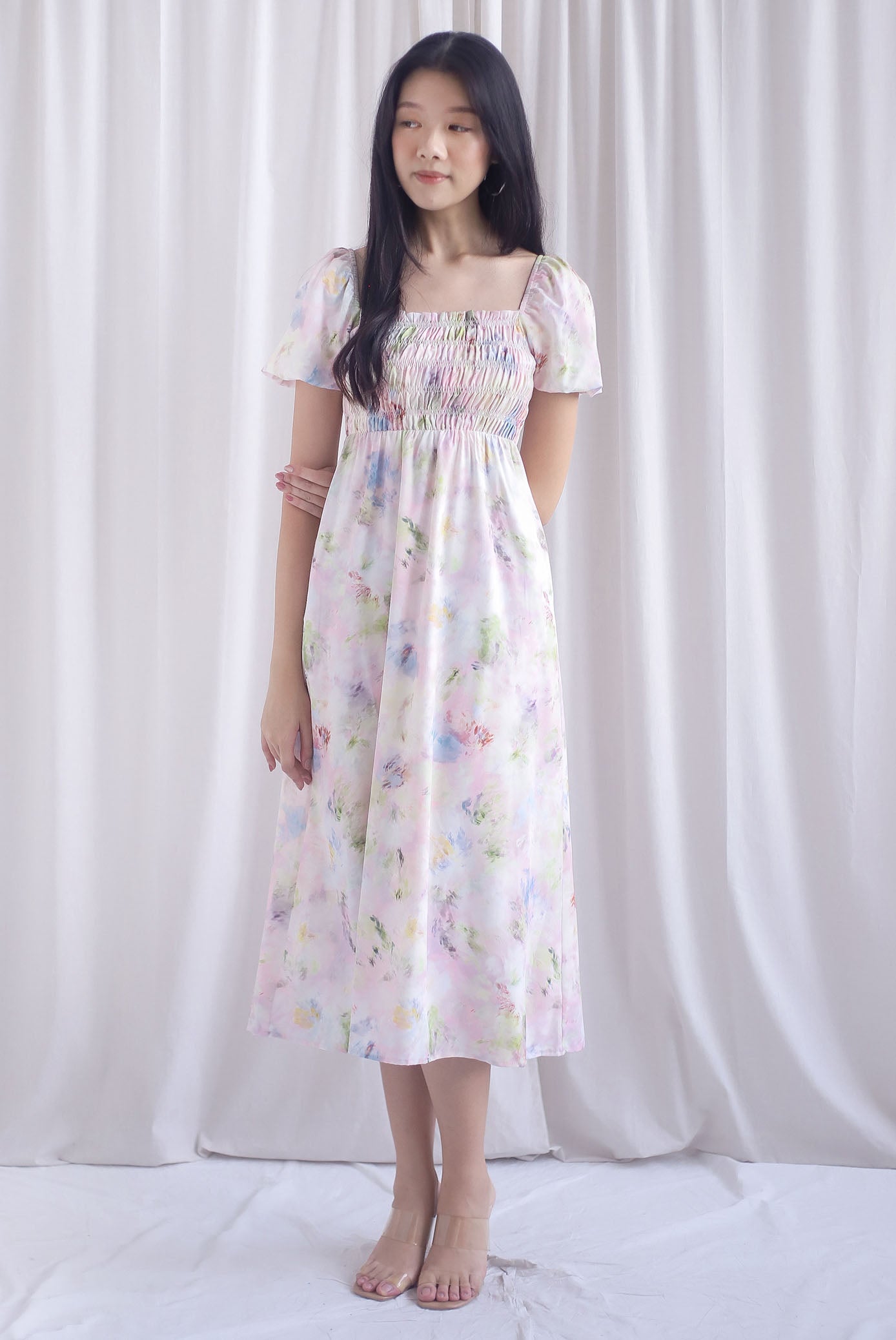 Marcia Watercolour Floral Puffy Sleeves Smocked Maxi Dress In Pink
