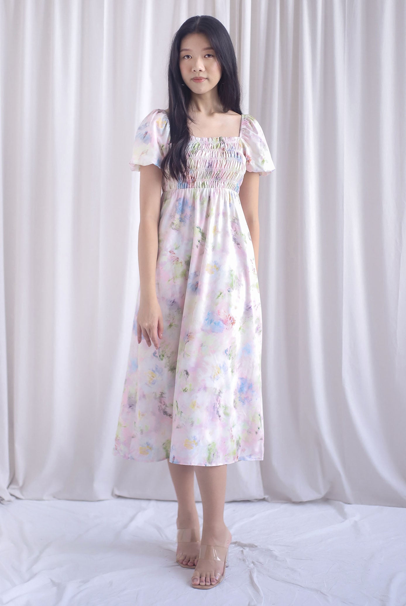 Marcia Watercolour Floral Puffy Sleeves Smocked Maxi Dress In Pink