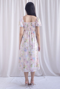 Marcia Watercolour Floral Puffy Sleeves Smocked Maxi Dress In Pink