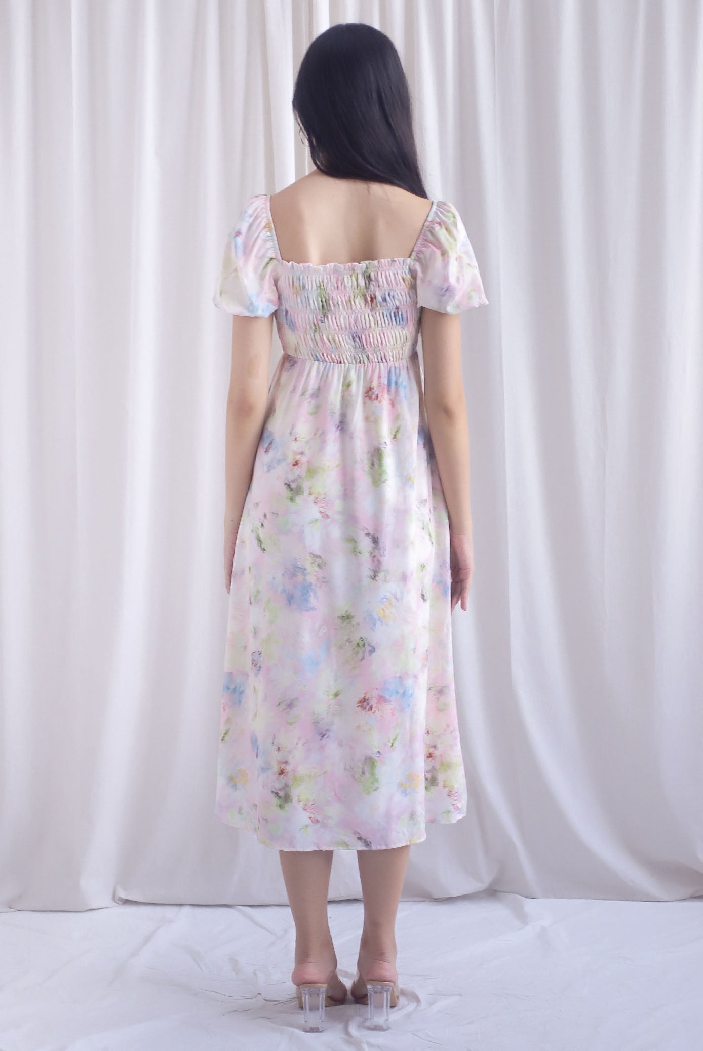 Marcia Watercolour Floral Puffy Sleeves Smocked Maxi Dress In Pink